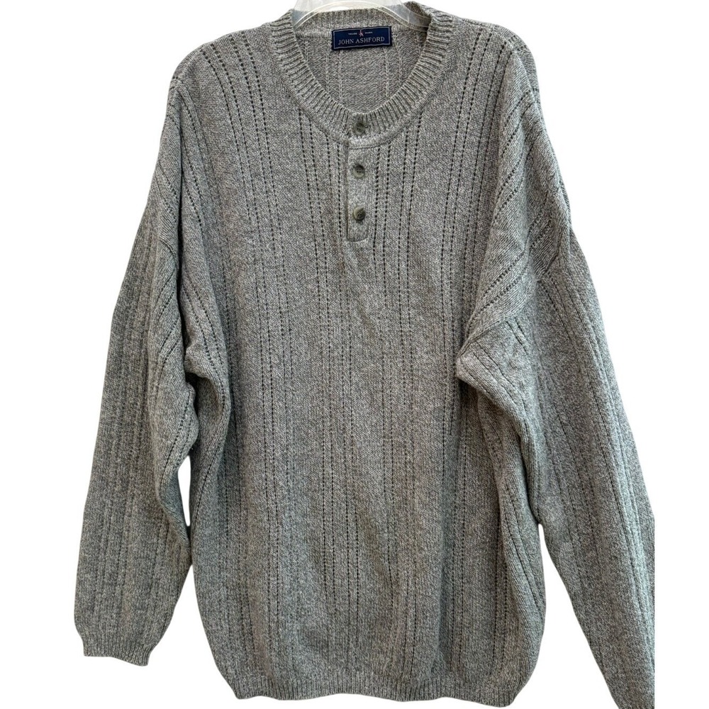 Men's John Ashford Size XXL Grey Crewneck 3‎ Button Pullover 100% Cotton Sweater